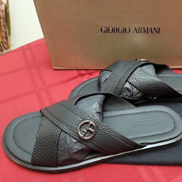 Auth GIORGIO ARMANI Midnight Black Leather Slides main image 4